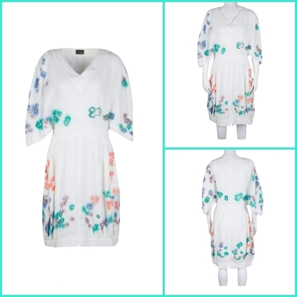 Fendi White Linen Cutout Detail Watercolor Embroidered Dress - Picture 1 of 10